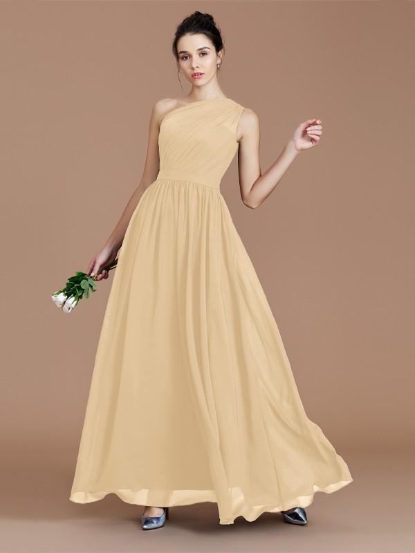 A-Line/Princess One-Shoulder Sleeveless Ruched Floor-Length Chiffon Bridesmaid Dresses 2413