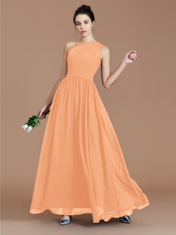 A-Line/Princess One-Shoulder Sleeveless Ruched Floor-Length Chiffon Bridesmaid Dresses 2413