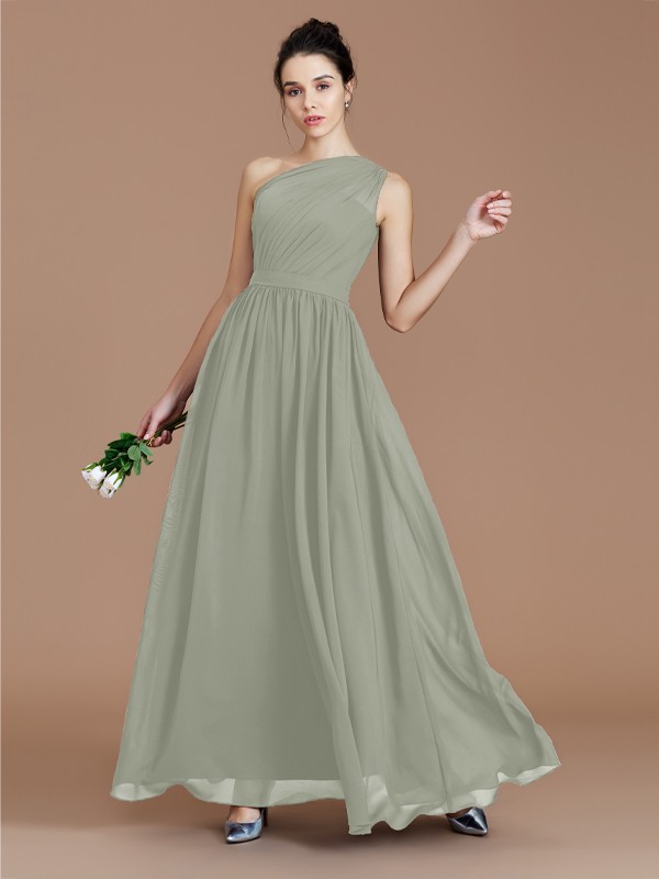 A-Line/Princess One-Shoulder Sleeveless Ruched Floor-Length Chiffon Bridesmaid Dresses 2413