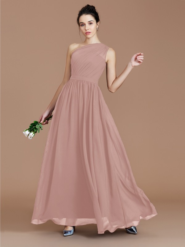 A-Line/Princess One-Shoulder Sleeveless Ruched Floor-Length Chiffon Bridesmaid Dresses 2413