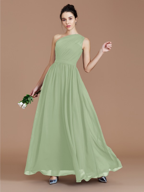 A-Line/Princess One-Shoulder Sleeveless Ruched Floor-Length Chiffon Bridesmaid Dresses 2413