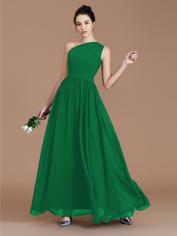 A-Line/Princess One-Shoulder Sleeveless Ruched Floor-Length Chiffon Bridesmaid Dresses 2413