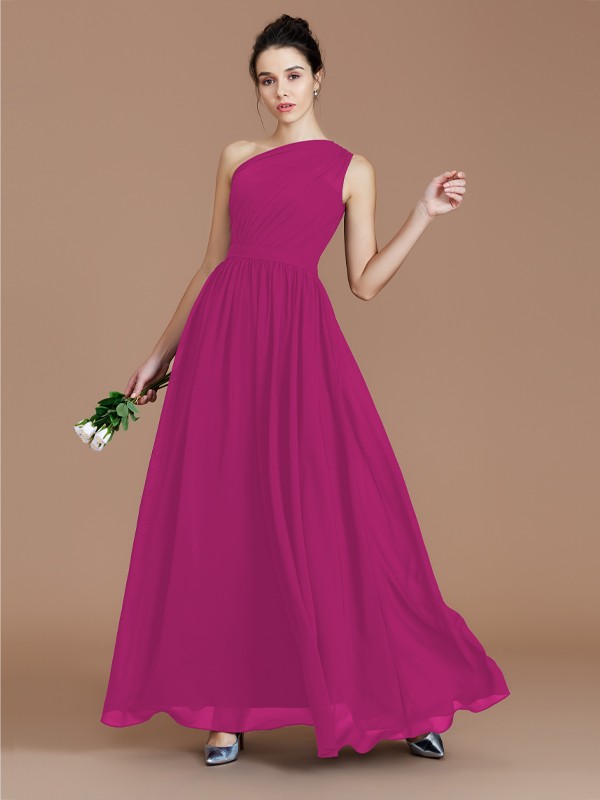 A-Line/Princess One-Shoulder Sleeveless Ruched Floor-Length Chiffon Bridesmaid Dresses 2413