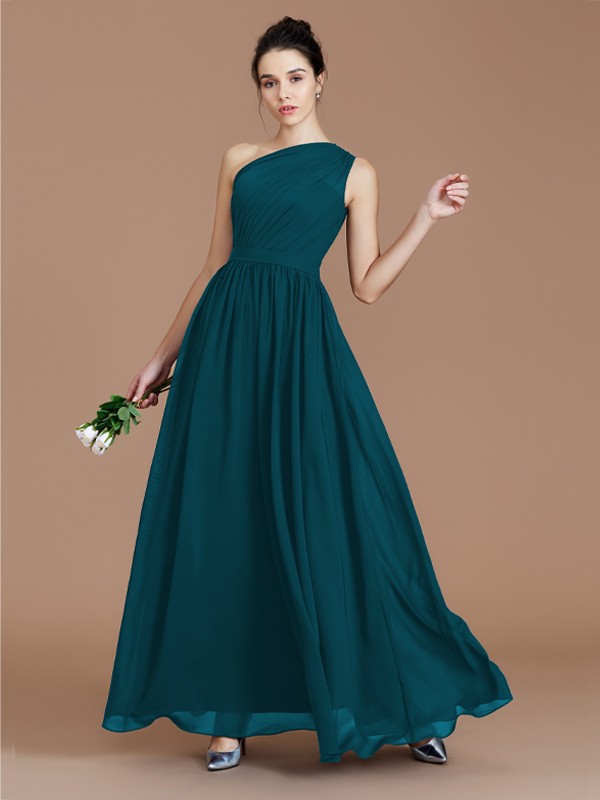 A-Line/Princess One-Shoulder Sleeveless Ruched Floor-Length Chiffon Bridesmaid Dresses 2413