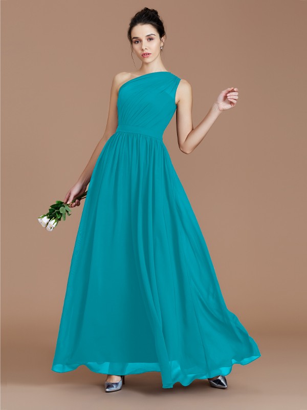 A-Line/Princess One-Shoulder Sleeveless Ruched Floor-Length Chiffon Bridesmaid Dresses 2413