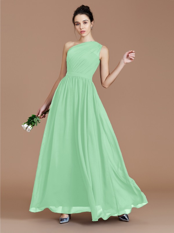 A-Line/Princess One-Shoulder Sleeveless Ruched Floor-Length Chiffon Bridesmaid Dresses 2413