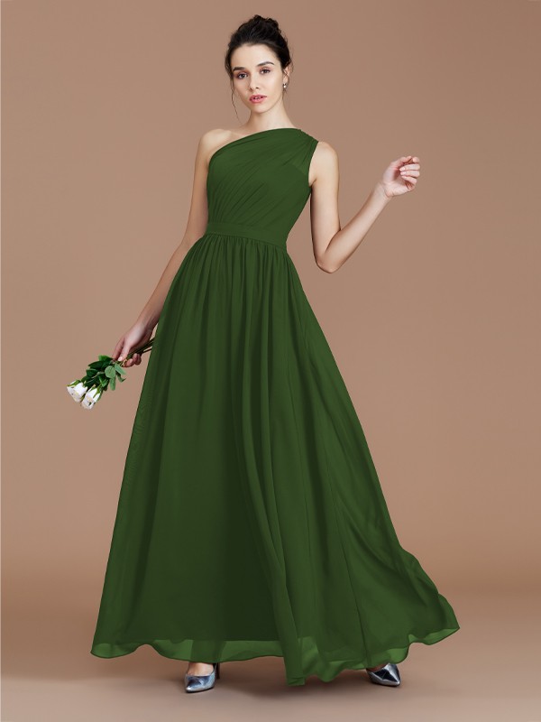 A-Line/Princess One-Shoulder Sleeveless Ruched Floor-Length Chiffon Bridesmaid Dresses 2413