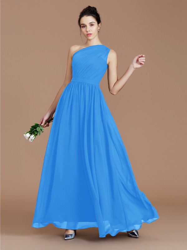 A-Line/Princess One-Shoulder Sleeveless Ruched Floor-Length Chiffon Bridesmaid Dresses 2413