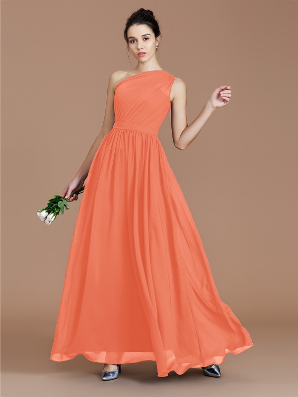 A-Line/Princess One-Shoulder Sleeveless Ruched Floor-Length Chiffon Bridesmaid Dresses 2413