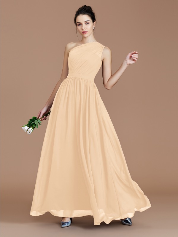 A-Line/Princess One-Shoulder Sleeveless Ruched Floor-Length Chiffon Bridesmaid Dresses 2413