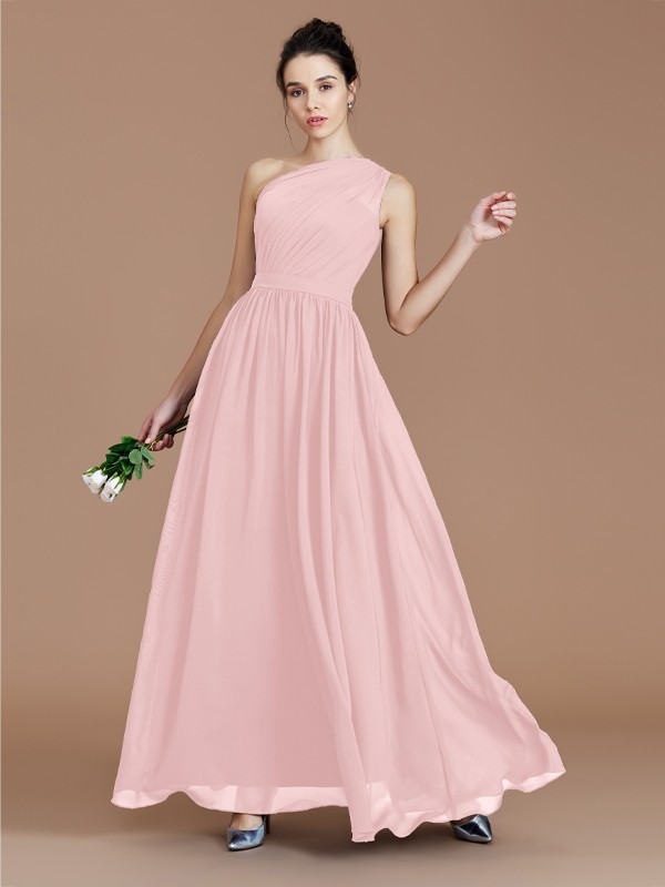 A-Line/Princess One-Shoulder Sleeveless Ruched Floor-Length Chiffon Bridesmaid Dresses 2413