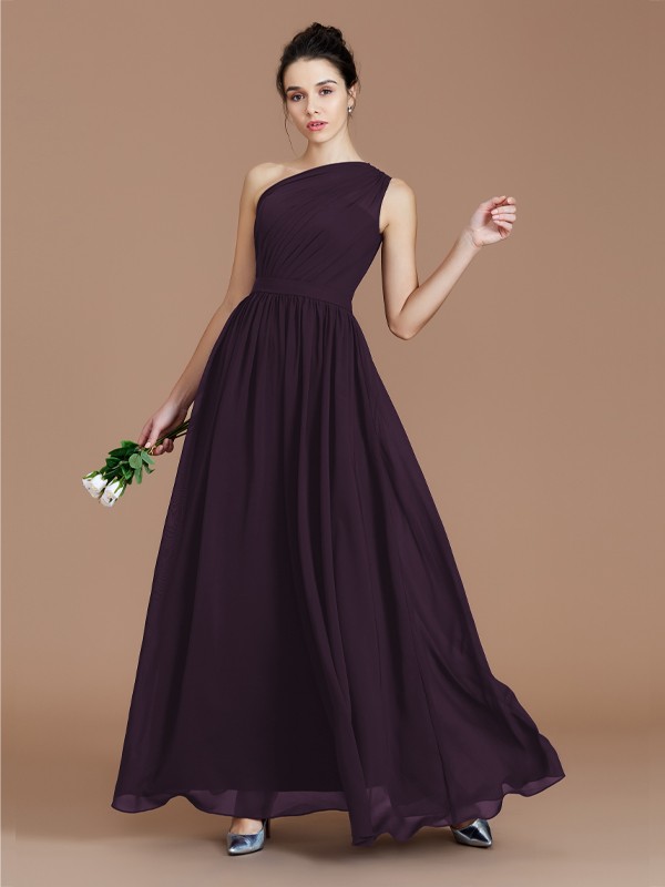 A-Line/Princess One-Shoulder Sleeveless Ruched Floor-Length Chiffon Bridesmaid Dresses 2413