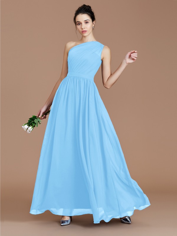 A-Line/Princess One-Shoulder Sleeveless Ruched Floor-Length Chiffon Bridesmaid Dresses 2413