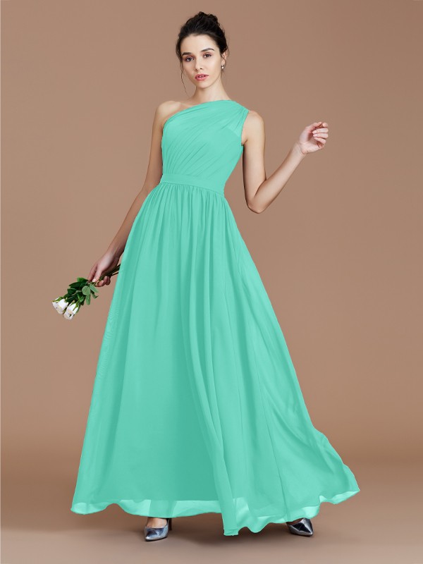 A-Line/Princess One-Shoulder Sleeveless Ruched Floor-Length Chiffon Bridesmaid Dresses 2413