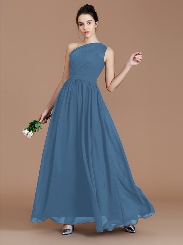 A-Line/Princess One-Shoulder Sleeveless Ruched Floor-Length Chiffon Bridesmaid Dresses 2413