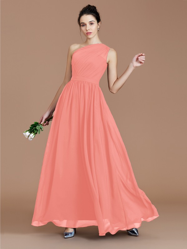 A-Line/Princess One-Shoulder Sleeveless Ruched Floor-Length Chiffon Bridesmaid Dresses 2413