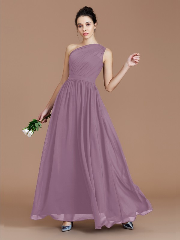 A-Line/Princess One-Shoulder Sleeveless Ruched Floor-Length Chiffon Bridesmaid Dresses 2413