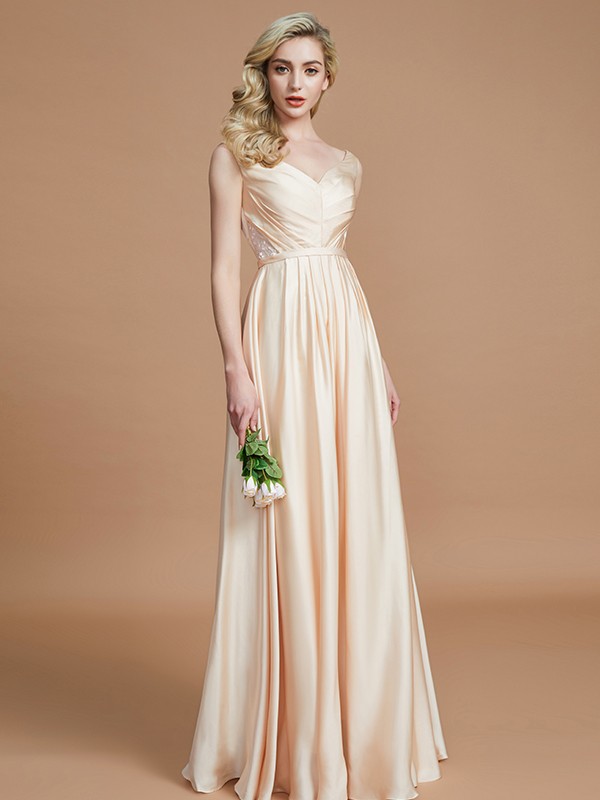 A-Line/Princess V-neck Sleeveless Ruched Floor-Length Silk like Satin Bridesmaid Dresses 2854