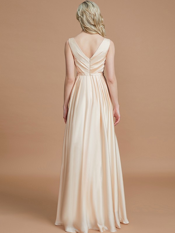 A-Line/Princess V-neck Sleeveless Ruched Floor-Length Silk like Satin Bridesmaid Dresses 2854