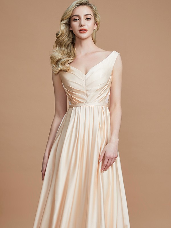 A-Line/Princess V-neck Sleeveless Ruched Floor-Length Silk like Satin Bridesmaid Dresses 2854