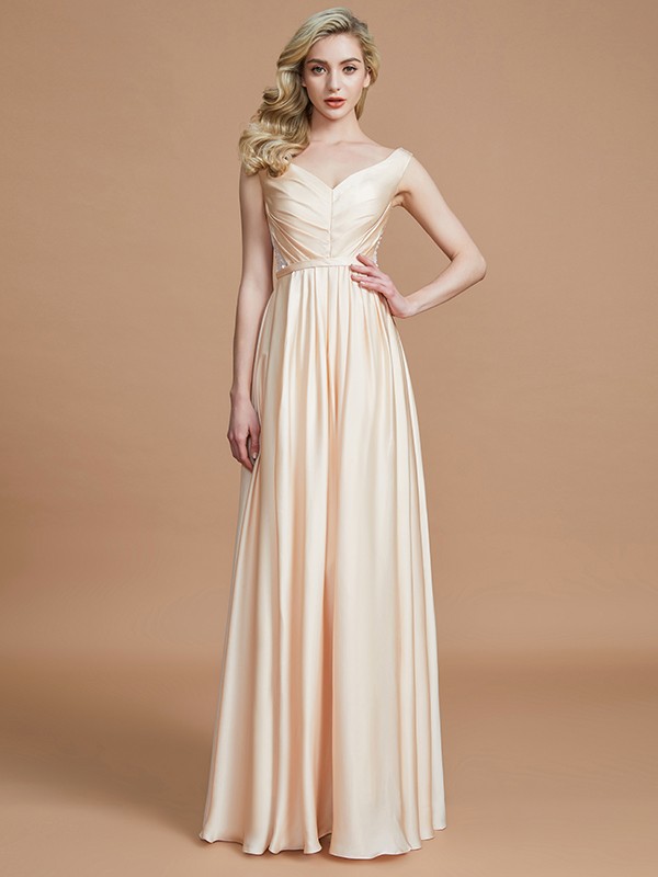 A-Line/Princess V-neck Sleeveless Ruched Floor-Length Silk like Satin Bridesmaid Dresses 2854