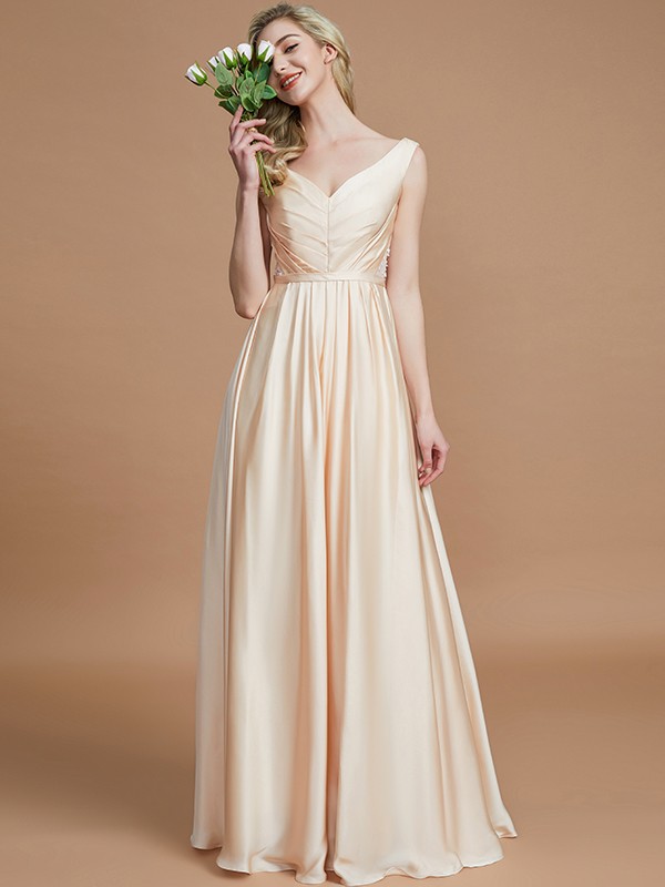 A-Line/Princess V-neck Sleeveless Ruched Floor-Length Silk like Satin Bridesmaid Dresses 2854