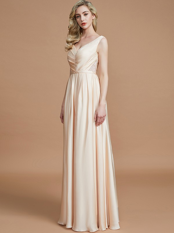 A-Line/Princess V-neck Sleeveless Ruched Floor-Length Silk like Satin Bridesmaid Dresses 2854