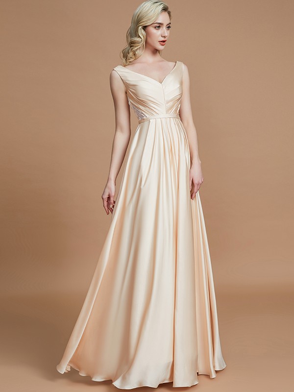 A-Line/Princess V-neck Sleeveless Ruched Floor-Length Silk like Satin Bridesmaid Dresses 2854