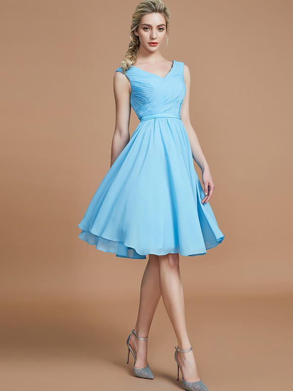 A-Line/Princess V-neck Sleeveless Ruched Short/Mini Chiffon Bridesmaid Dresses 2855