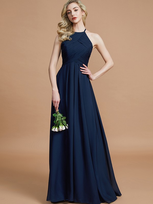 A-Line/Princess Halter Sleeveless Ruched Floor-Length Chiffon Bridesmaid Dresses 2302