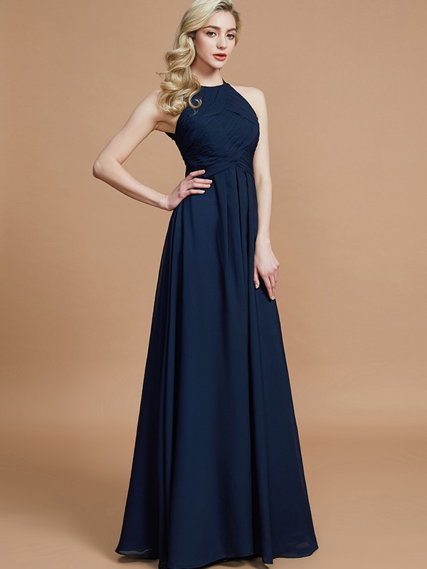 A-Line/Princess Halter Sleeveless Ruched Floor-Length Chiffon Bridesmaid Dresses 2302