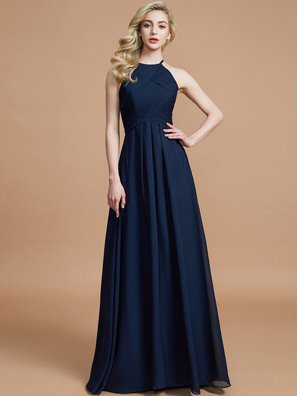 A-Line/Princess Halter Sleeveless Ruched Floor-Length Chiffon Bridesmaid Dresses 2302