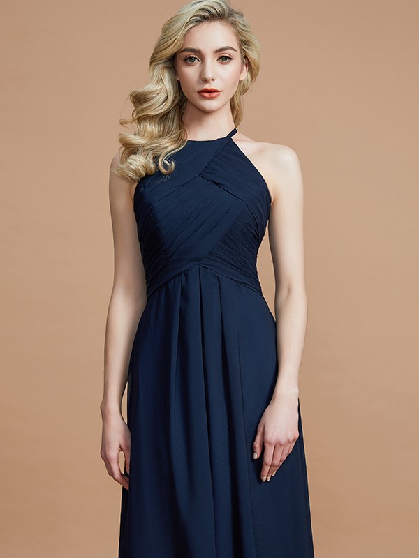 A-Line/Princess Halter Sleeveless Ruched Floor-Length Chiffon Bridesmaid Dresses 2302