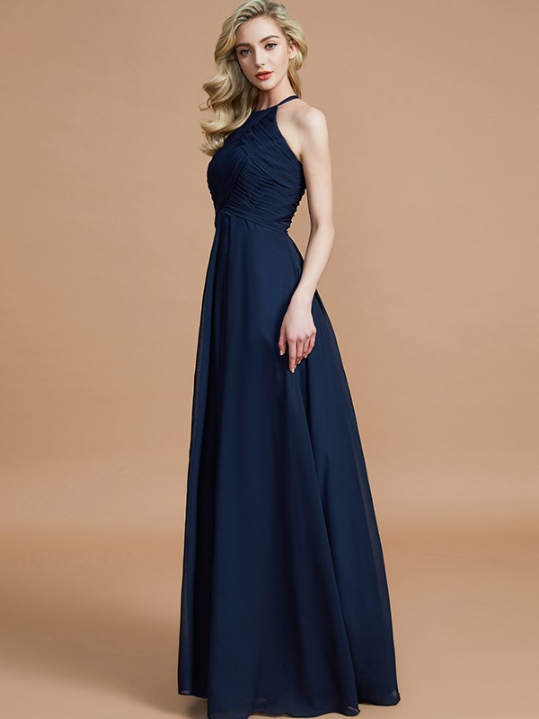 A-Line/Princess Halter Sleeveless Ruched Floor-Length Chiffon Bridesmaid Dresses 2302