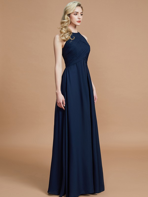 A-Line/Princess Halter Sleeveless Ruched Floor-Length Chiffon Bridesmaid Dresses 2302