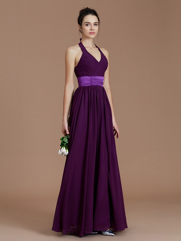 A-Line/Princess Halter Sleeveless Sash/Ribbon/Belt Floor-Length Chiffon Bridesmaid Dresses 2307