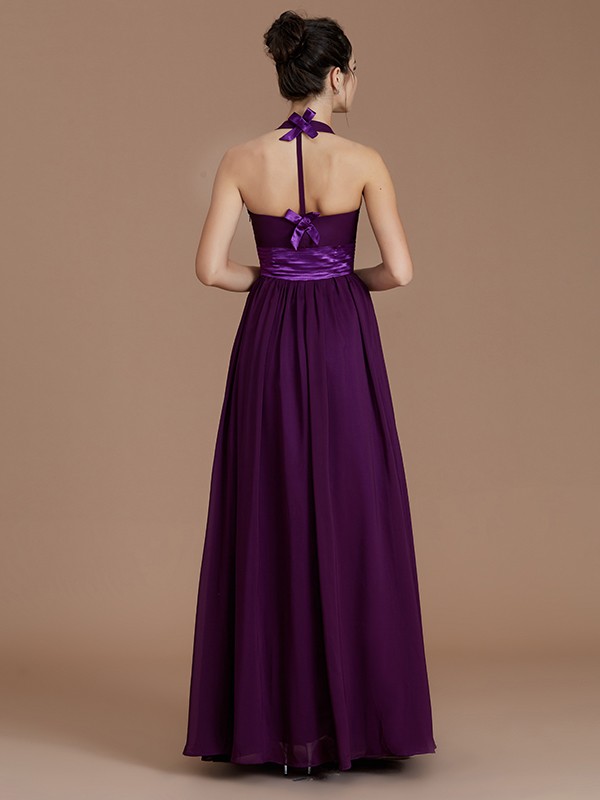 A-Line/Princess Halter Sleeveless Sash/Ribbon/Belt Floor-Length Chiffon Bridesmaid Dresses 2307