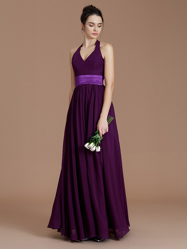 A-Line/Princess Halter Sleeveless Sash/Ribbon/Belt Floor-Length Chiffon Bridesmaid Dresses 2307