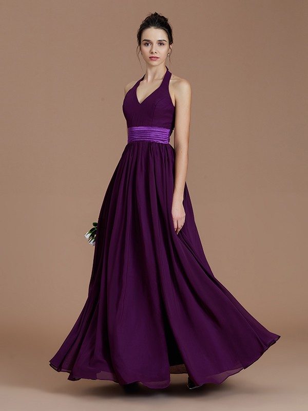 A-Line/Princess Halter Sleeveless Sash/Ribbon/Belt Floor-Length Chiffon Bridesmaid Dresses 2307