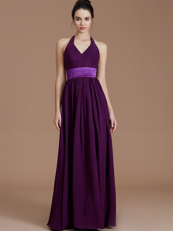 A-Line/Princess Halter Sleeveless Sash/Ribbon/Belt Floor-Length Chiffon Bridesmaid Dresses 2307