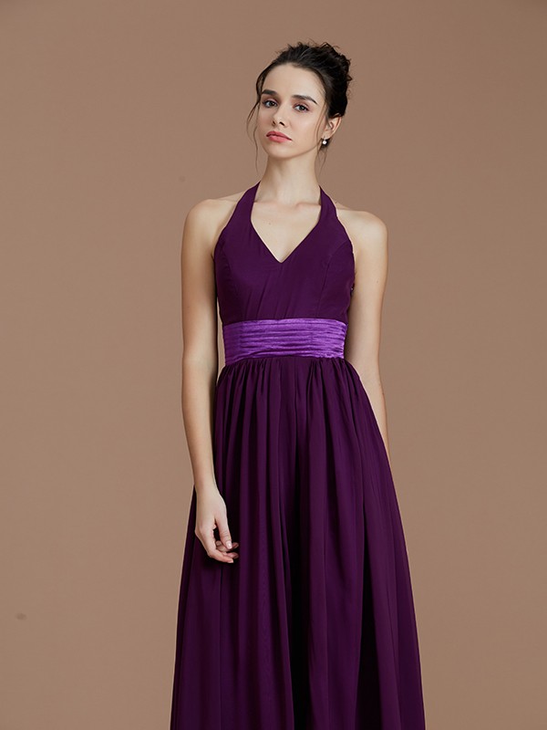 A-Line/Princess Halter Sleeveless Sash/Ribbon/Belt Floor-Length Chiffon Bridesmaid Dresses 2307