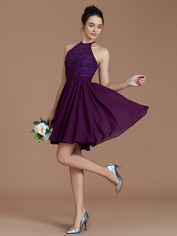 A-Line/Princess Halter Sleeveless Lace Short/Mini Chiffon Bridesmaid Dresses 2294