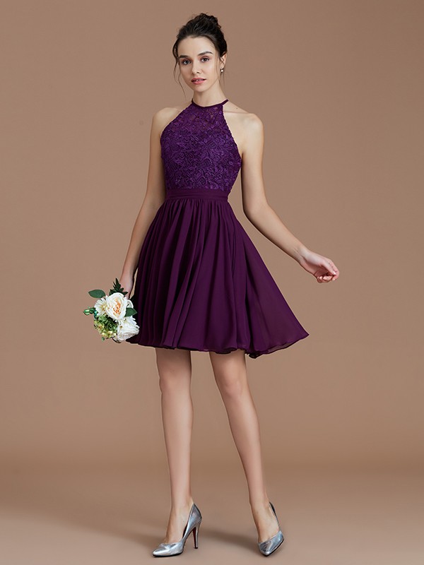 A-Line/Princess Halter Sleeveless Lace Short/Mini Chiffon Bridesmaid Dresses 2294