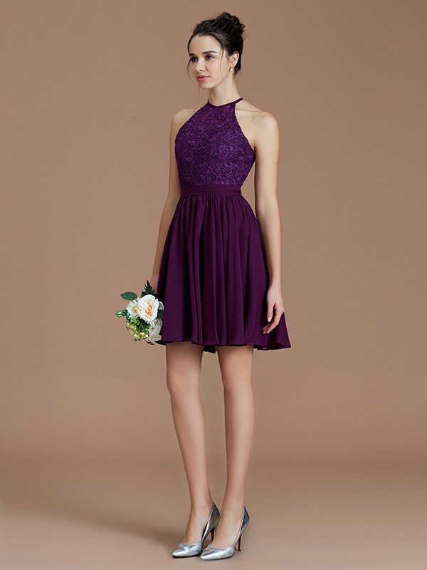 A-Line/Princess Halter Sleeveless Lace Short/Mini Chiffon Bridesmaid Dresses 2294