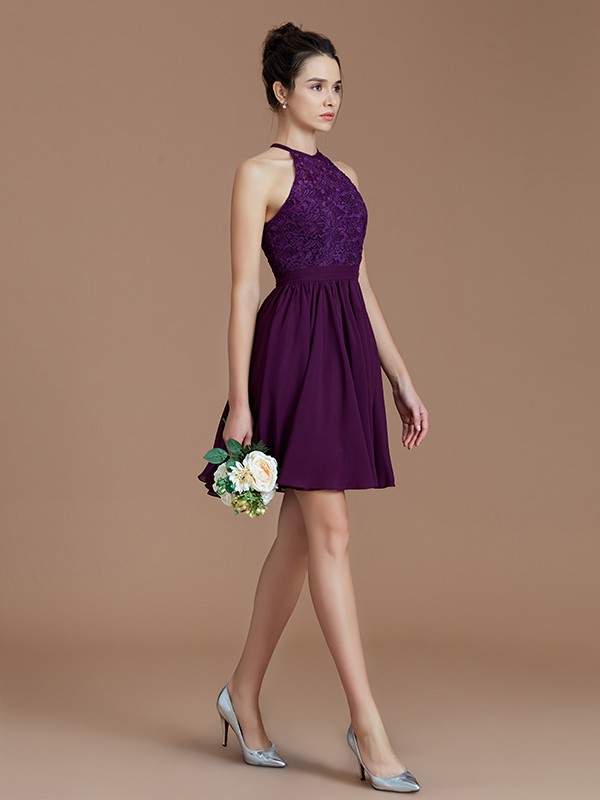 A-Line/Princess Halter Sleeveless Lace Short/Mini Chiffon Bridesmaid Dresses 2294