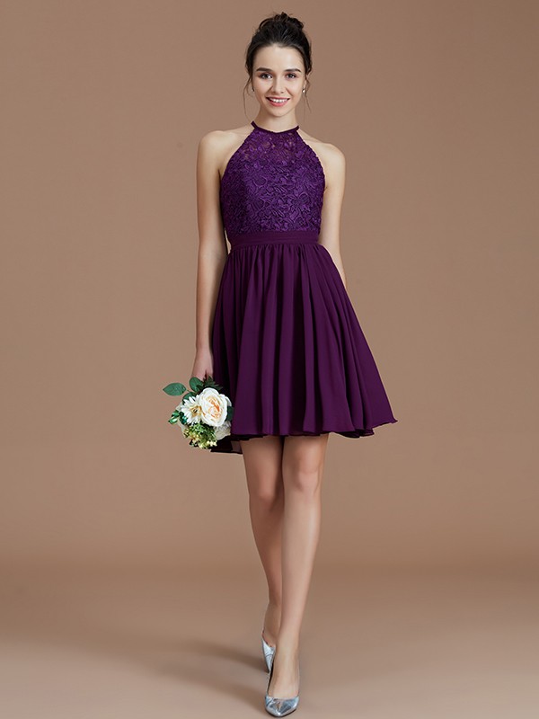 A-Line/Princess Halter Sleeveless Lace Short/Mini Chiffon Bridesmaid Dresses 2294