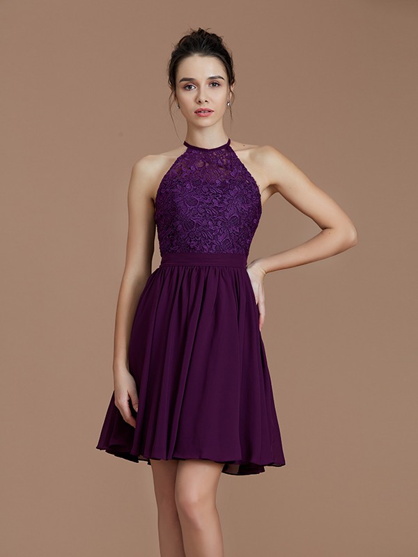 A-Line/Princess Halter Sleeveless Lace Short/Mini Chiffon Bridesmaid Dresses 2294