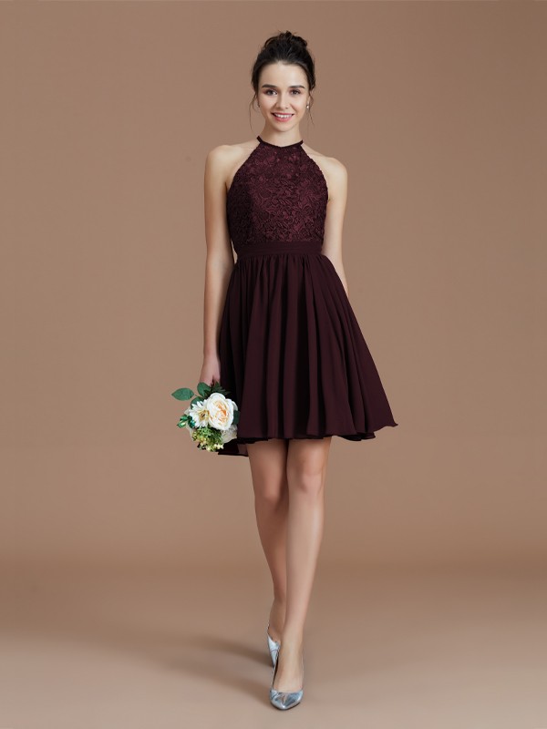 A-Line/Princess Halter Sleeveless Lace Short/Mini Chiffon Bridesmaid Dresses 2294