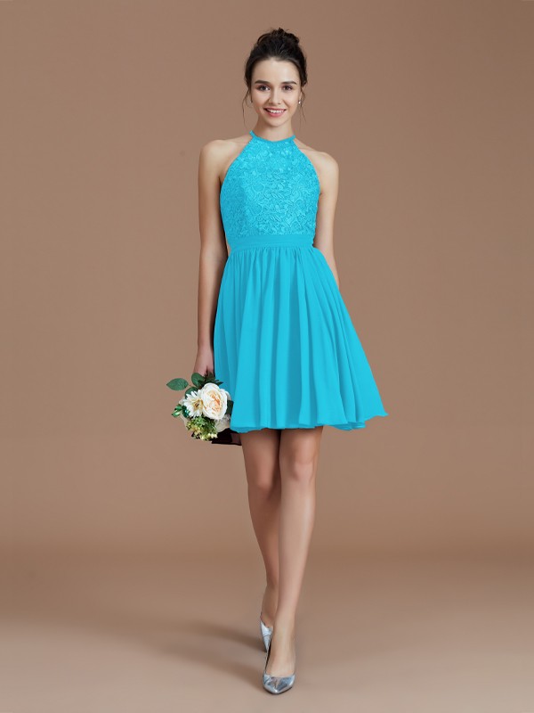 A-Line/Princess Halter Sleeveless Lace Short/Mini Chiffon Bridesmaid Dresses 2294