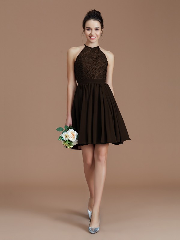 A-Line/Princess Halter Sleeveless Lace Short/Mini Chiffon Bridesmaid Dresses 2294